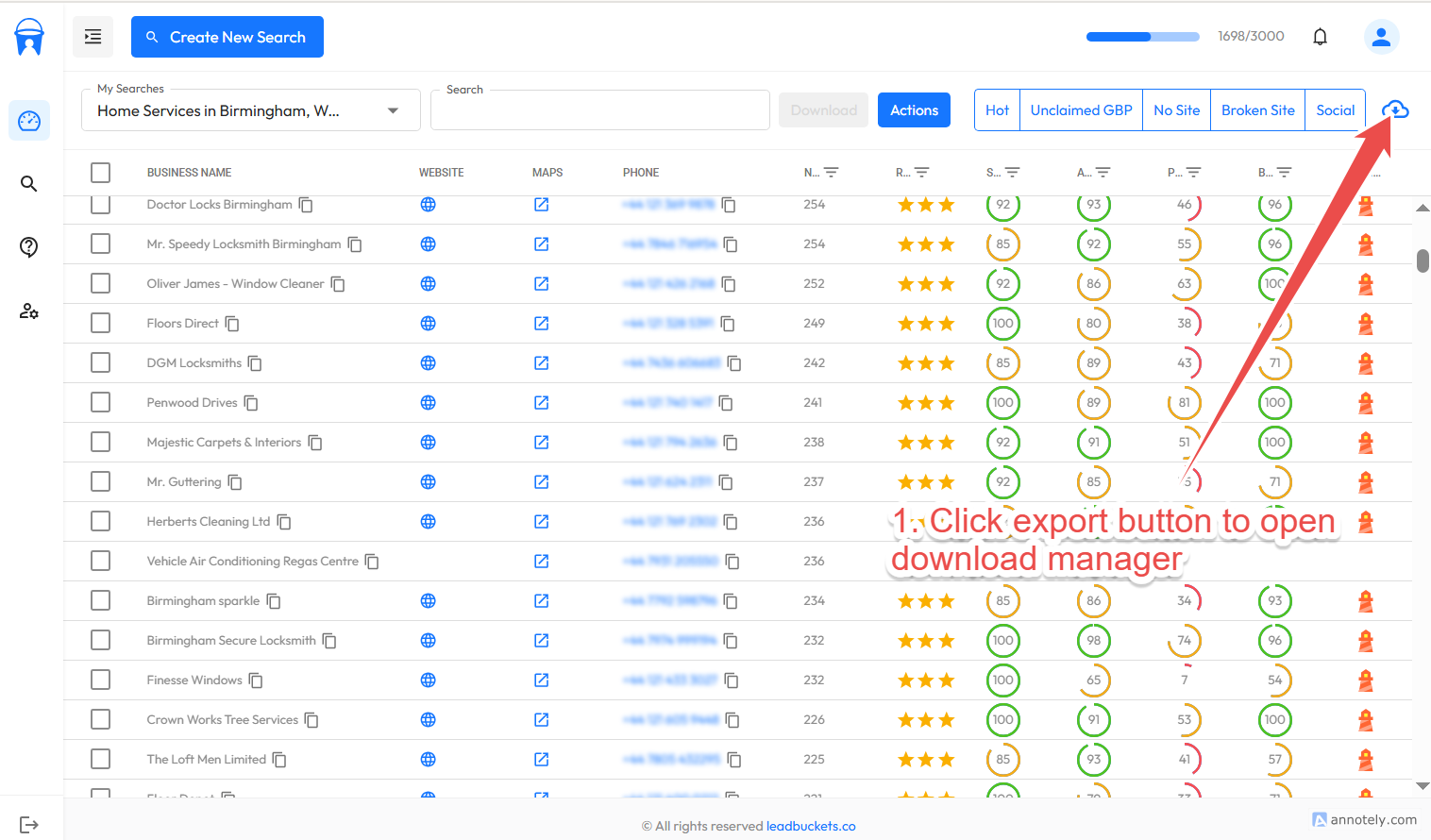 Export button